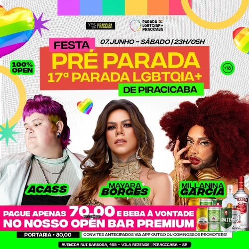 FESTA PRÉ 17 PARADA LGBTQIA- SÁBADO OPEN BAR - 07/06/25 | Piracicaba